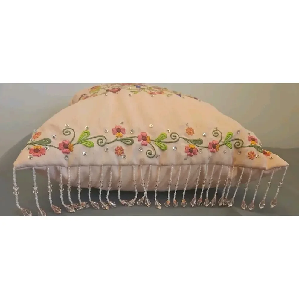 I T R Pillow 14X17 Embroidered and Embellished Flowers Pink Background